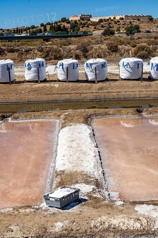 Salt production on the Algarve coast in Portugal, 95 per cent of Portuguese sea salt is extracted here, salt pans near Vila Real de Santo António, Flor de Sal production