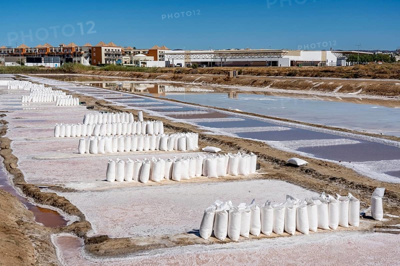 Salt extraction on the Algarve coast in Portugal, 95 per cent of Portuguese sea salt is extracted here, salt works near Tavira