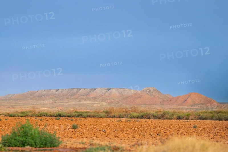 Landscape of fields and mountains in the dessert, Belchite, Aragon, Saragossa, Spain