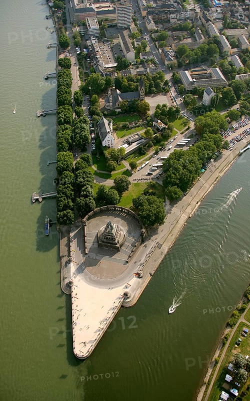 Aerial view, Rhine, Moselle, Deutsches Eck, with monument Kaiser Wilhelm, Koblenz, Rhineland-Palatinate, Germany, Europe Aerial view : Hans Blossey Flight date: 31.08.2008 copyright: hans@blossey.eu, Stadtplanung Stadtplanung Wirtschaft
