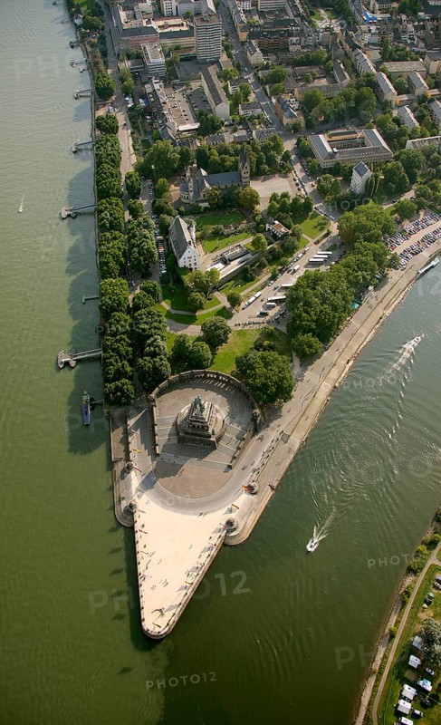Aerial view, Rhine, Moselle, Deutsches Eck, with monument Kaiser Wilhelm, Koblenz, Rhineland-Palatinate, Germany, Europe Aerial view : Hans Blossey Flight date: 31.08.2008 copyright: hans@blossey.eu, Stadtplanung Stadtplanung Wirtschaft