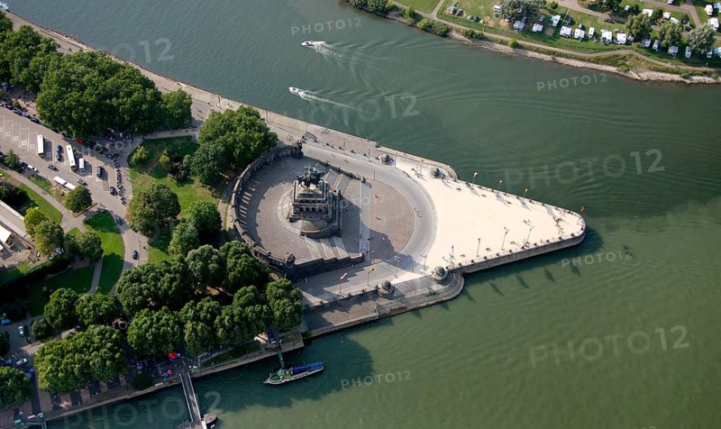 Aerial view, Rhine, Moselle, Deutsches Eck, with monument Kaiser Wilhelm, Koblenz, Rhineland-Palatinate, Germany, Europe Aerial view : Hans Blossey Flight date: 31.08.2008 copyright: hans@blossey.eu, Stadtplanung Stadtplanung Wirtschaft