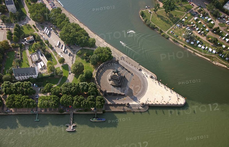 Aerial view, Rhine, Moselle, Deutsches Eck, with monument Kaiser Wilhelm, Koblenz, Rhineland-Palatinate, Germany, Europe Aerial view : Hans Blossey Flight date: 31.08.2008 copyright: hans@blossey.eu, Stadtplanung Stadtplanung Wirtschaft