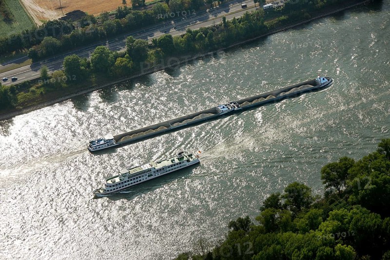 Aerial view, Rhine, cargo ship, inland navigation, passenger ship, excursion steamer, Koblenz, Rhineland-Palatinate, Germany, Europe Aerial view : Hans Blossey Flight date: 31.08.2008 copyright: hans@blossey.eu, Stadtplanung Stadtplanung Wirtschaft