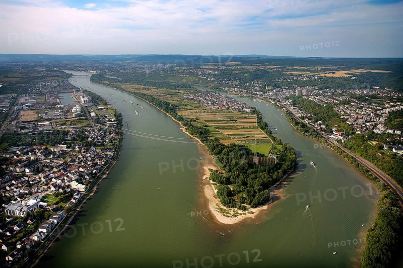 Aerial view, Rhine, Rhine island Niederwerth, Koblenz, Rhineland-Palatinate, Germany, Europe Aerial view : Hans Blossey Flight date: 31.08.2008 copyright: hans@blossey.eu, Stadtplanung Stadtplanung Wirtschaft