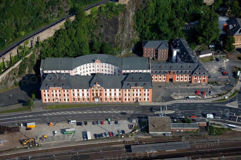 Aerial view, Rhine, Castle below Ehrenbreitstein Fortress, Koblenz, Rhineland-Palatinate, Germany, Europe Aerial view : Hans Blossey Flight date: 31/08/2008 copyright: hans@blossey.eu, Stadtplanung Stadtplanung Wirtschaft