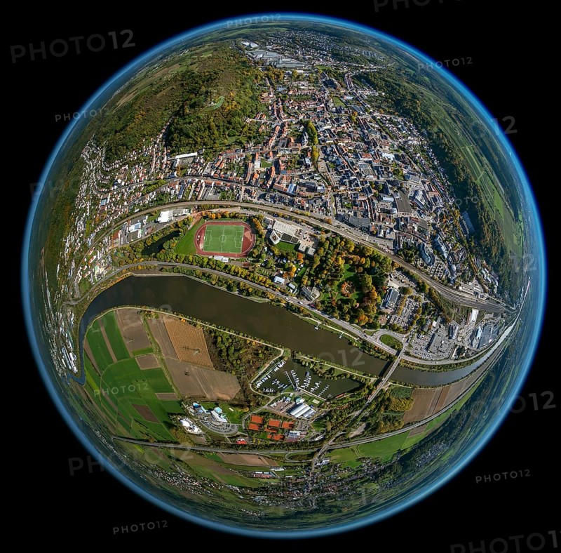 Aerial photo, Merzig, Saar, Saarland, Germany, Europe, birds-eyes view, aerial photography, aerial photography, overview, bird's eye view, fisheye lens, fisheyelens
