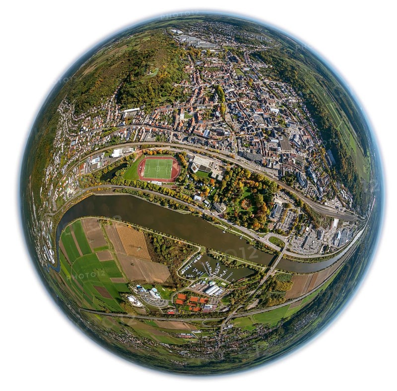 Aerial photo, Merzig, Saar, Saarland, Germany, Europe, birds-eyes view, aerial photography, aerial photography, overview, bird's eye view, fisheye lens, fisheyelens