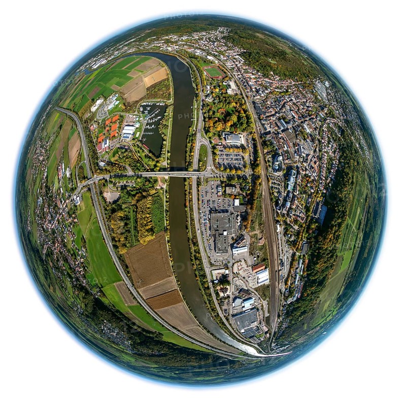 Aerial photo, Merzig, Saar, Saarland, Germany, Europe, birds-eyes view, aerial photography, aerial photography, overview, bird's eye view, fisheye lens, fisheyelens