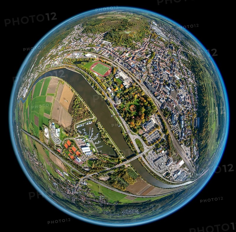 Aerial photo, Merzig, Saar, Saarland, Germany, Europe, birds-eyes view, aerial photography, aerial photography, overview, bird's eye view, fisheye lens, fisheyelens
