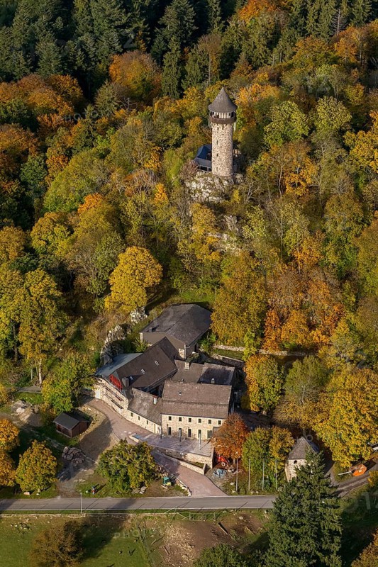Aerial view, Wildenburg castle ruins in the Wildenburg nature reserve near Kempfeld in the Idarwald mountain range in the Hunsrück, Kempfeld, Saarland, Rhineland-Palatinate, Germany, Europe, birds-eyes view, aerial view, aerial photography, aerial photography, overview, bird's eye view