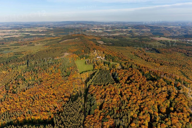 Aerial view, Wildenburg castle ruins in the Wildenburg nature reserve near Kempfeld in the Idarwald mountain range in the Hunsrück, Kempfeld, Saarland, Rhineland-Palatinate, Germany, Europe, birds-eyes view, aerial view, aerial photography, aerial photography, overview, bird's eye view