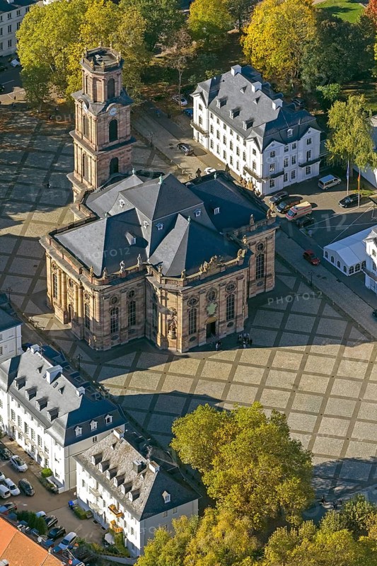 Baroque Ludwigskirche, Ludwigsplatz, Saarbrücken, Saarland, Germany, Europe, aerial view, birds-eyes view, aerial photograph, aerial photography, aerial photography, overview, bird's eye view, state capital