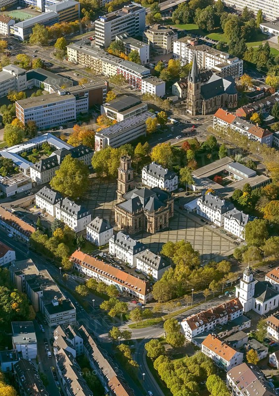 Baroque Ludwigskirche, Ludwigsplatz, Saarbrücken, Saarland, Germany, Europe, aerial view, birds-eyes view, aerial photograph, aerial photography, aerial photography, overview, bird's eye view, state capital