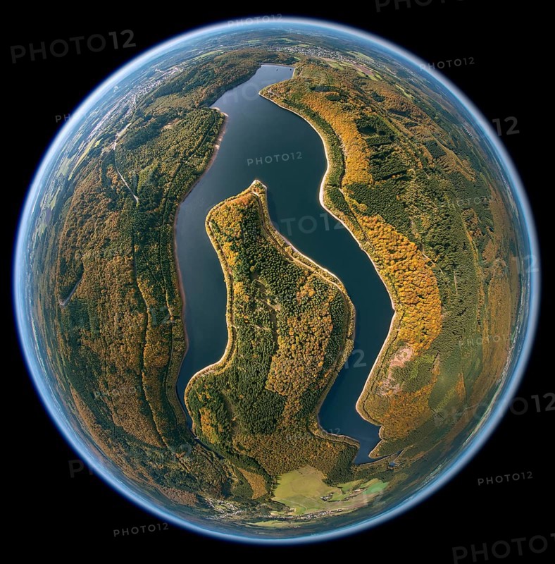 Nonnweiler reservoir, dam Primstalsperre Nonnweiler, Züsch, Saarland, Rhineland-Palatinate, Germany, Europe, aerial photo, birds-eyes view, aerial photography, aerial photography, overview, bird's eye view, fisheye lens, fisheye-lens