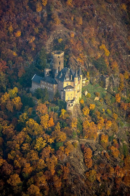 Burg Katz in the Rhine Valley, Rhine near St.Goarshausen, Sankt Goar, Rhine Valley, Rhineland-Palatinate, Germany, Europe, aerial view, birds-eyes view, aerial photography, aerial photography, overview, bird's eye view