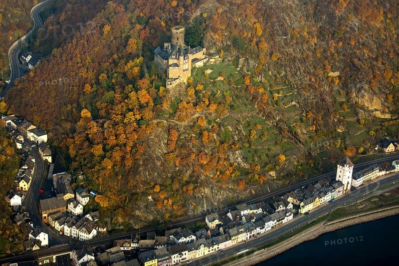 Burg Katz in the Rhine Valley, Rhine near St.Goarshausen, Sankt Goar, Rhine Valley, Rhineland-Palatinate, Germany, Europe, aerial view, birds-eyes view, aerial photography, aerial photography, overview, bird's eye view
