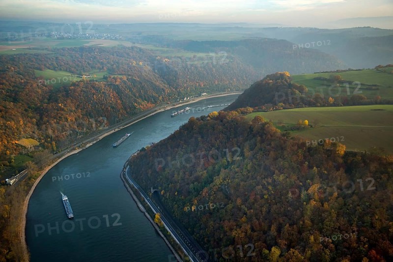Rhine valley with colourful vineyards near St.Goarshausen, inland navigation, Sankt Goarshausen, Rhine valley, Rhineland-Palatinate, Germany, Europe, aerial view, birds-eyes view, aerial photography, aerial photography, aerial photography, overview, bird's eye view