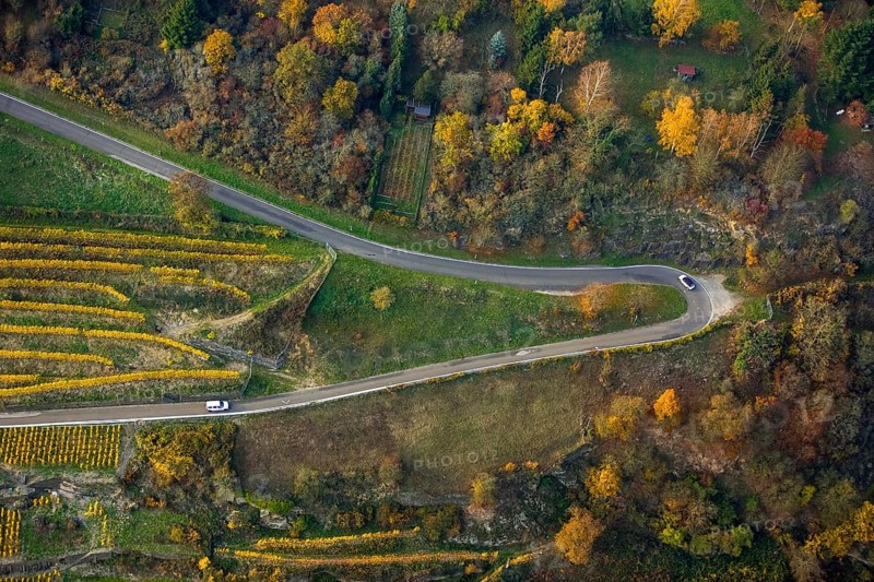 Serpentine roads in the vineyards of Oberwesel near Loreley, Rhine valley, Rhine wine, colourful vine leaves, Golden October, Oberwesel, Rhine-Hunsrück district, Rhineland-Palatinate, Germany, Europe, aerial view, birds-eyes view, aerial photography, aerial photography, overview, bird's eye view