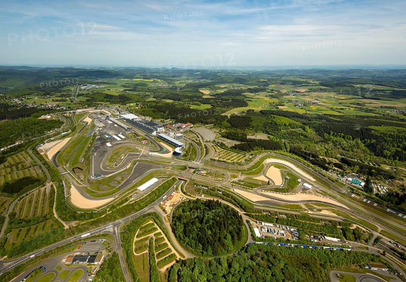 Nürburgring race track race track in spring, pit lane, race track, Nordschleife, Nürburgring Grand Prix circuit, Ahrweiler district, Nürburg, Eifel, Rhineland-Palatinate, Germany, Müllenbach, Europe, aerial photo, birds-eyes view, aerial photograph, aerial photography, aerial photography, overview, bird's eye view