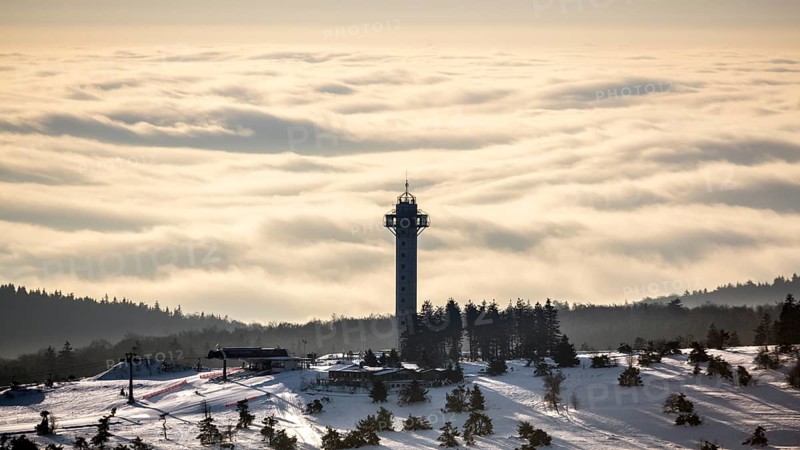The Effelsberg, ski paradise in the Hochsauerland near Willingen with a view of a closed cloud cover, Willingen, Sauerland, North Rhine-Westphalia, Germany, Europe, aerial view, birds-eyes view, aerial photography, aerial photography, overview, bird's eye view