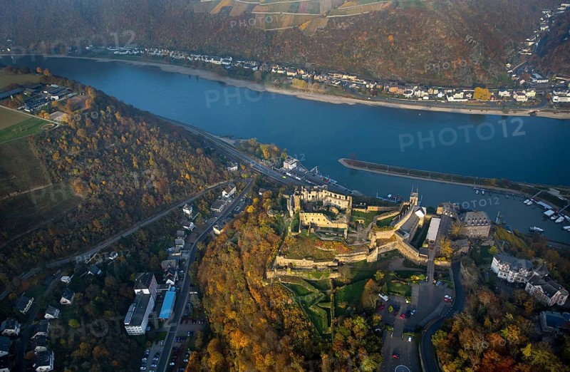 Burg Rheinfels St.Goar with excursion boat, Rhine, Rhine Valley, Sankt Goar, Rhineland-Palatinate, Germany, Europe, aerial view, birds-eyes view, aerial photography, aerial photography, overview, bird's eye view