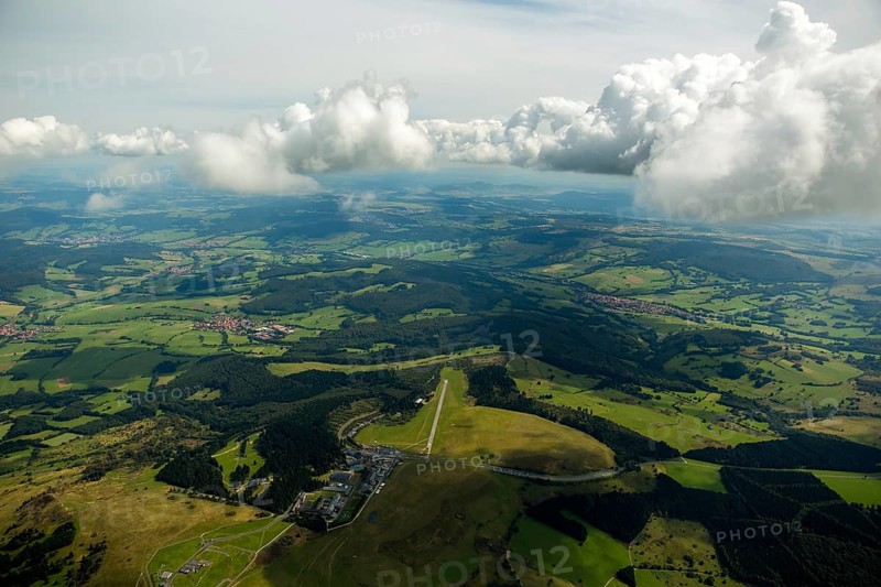 Gliding Centre, German Gliding Museum, Wasserkuppe in the Hessian district of Fulda, Poppenhausen (Wasserkuppe), Taunus, Hesse, Germany, Europe, aerial photo, birds-eyes view, aerial photograph, aerial photography, aerial photography, overview, bird's eye view