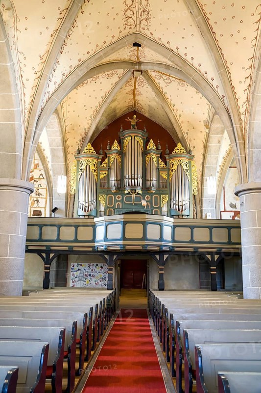 Interior view with fresco-secco wall paintings, Protestant Church, Evangelische Stadtkirche, Zierenberg, district of Kassel, Hesse, Germany