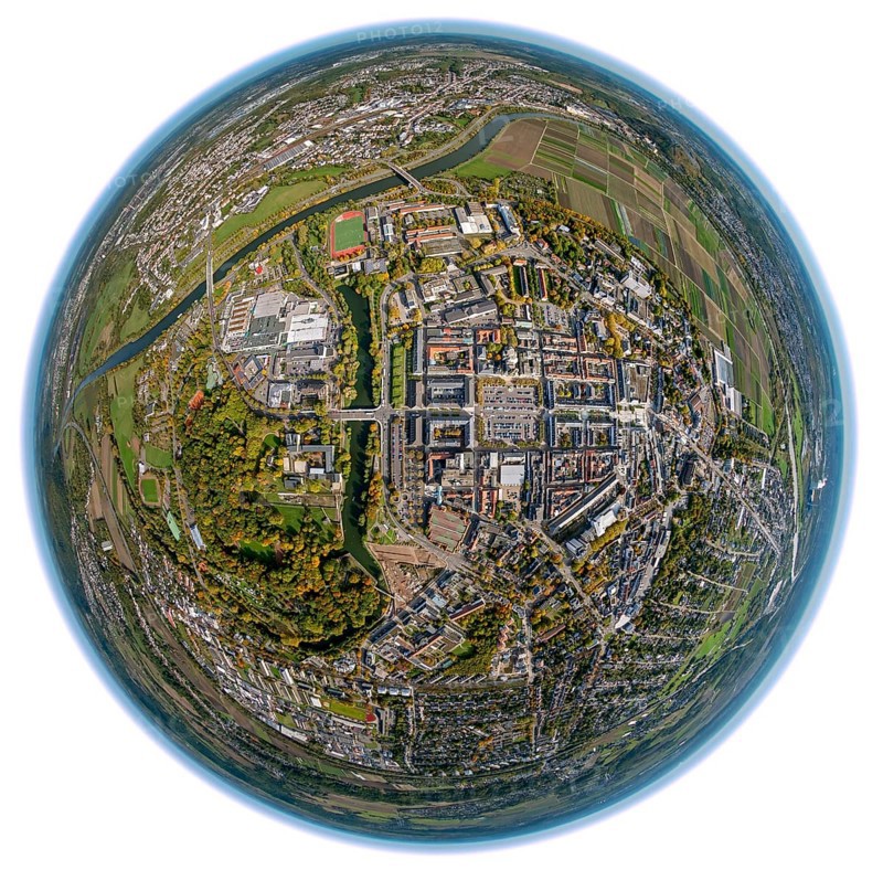 City centre, Großer Markt, Saarlouis, Saarbrücken, Saarland, Germany, Europe, aerial view, birds-eyes view, aerial photography, aerial photography, aerial photography, overview, bird's eye view, fisheye lens, fisheyelens