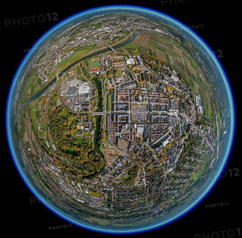 City centre, Großer Markt, Saarlouis, Saarbrücken, Saarland, Germany, Europe, aerial view, birds-eyes view, aerial photography, aerial photography, aerial photography, overview, bird's eye view, fisheye lens, fisheyelens
