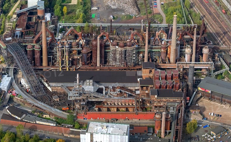 Völklinger Hütte, World Heritage Site, blast furnaces, blast furnace, former steelworks, Völklingen, Saarbrücken, Saarland, Germany, Europe, aerial view, birds-eyes view, aerial photography, aerial photography, overview, bird's eye view