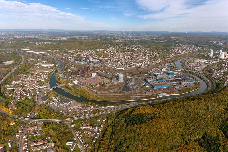Völklinger Hütte, World Heritage Site, blast furnaces, blast furnace, former steelworks, Völklingen, Saarbrücken, Saarland, Germany, Europe, aerial view, birds-eyes view, aerial photography, aerial photography, overview, bird's eye view