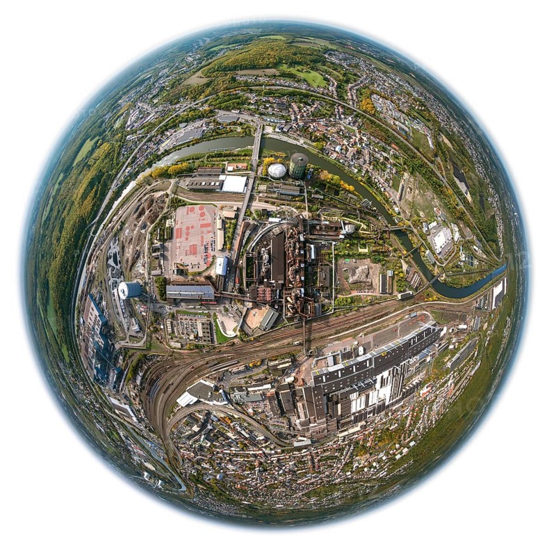 Völklinger Hütte, World Heritage Site, blast furnaces, blast furnace, former steelworks, Völklingen, Saarbrücken, Saarland, Germany, Europe, aerial view, birds-eyes view, aerial photography, aerial photography, aerial photography, overview, bird's eye view, fisheye lens, fisheyelens