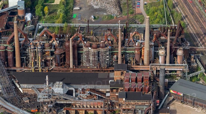 Völklinger Hütte, World Heritage Site, blast furnaces, blast furnace, former steelworks, Völklingen, Saarbrücken, Saarland, Germany, Europe, aerial view, birds-eyes view, aerial photography, aerial photography, overview, bird's eye view