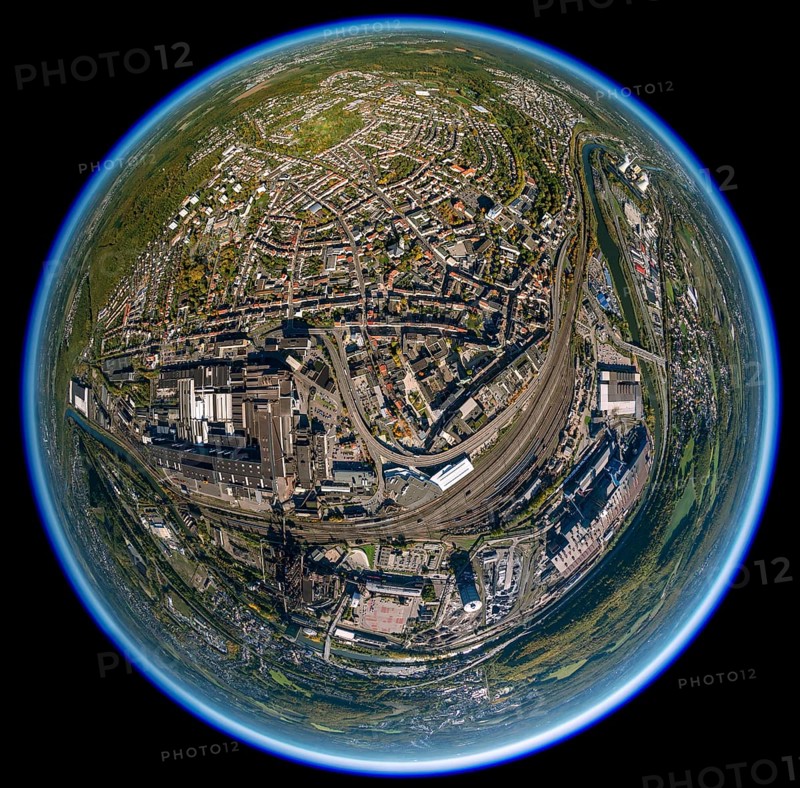 Völklinger Hütte, World Heritage Site, blast furnaces, blast furnace, former steelworks, Völklingen, Saarbrücken, Saarland, Germany, Europe, aerial view, birds-eyes view, aerial photography, aerial photography, aerial photography, overview, bird's eye view, fisheye lens, fisheyelens
