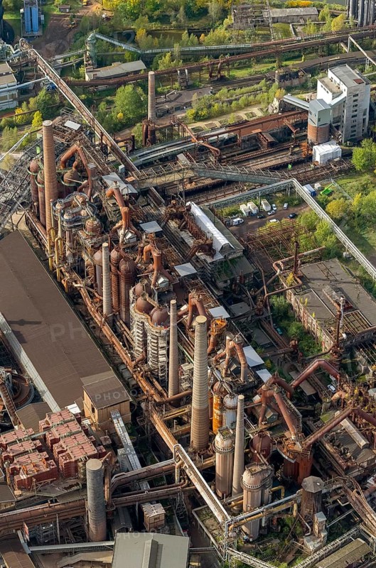 Völklinger Hütte, World Heritage Site, blast furnaces, blast furnace, former steelworks, Völklingen, Saarbrücken, Saarland, Germany, Europe, aerial view, birds-eyes view, aerial photography, aerial photography, overview, bird's eye view