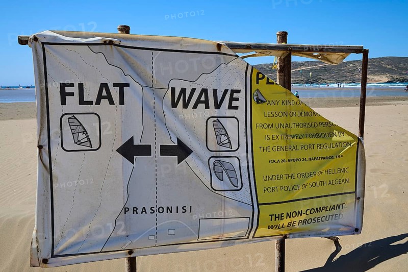 Information sign on the beach with information about surfing areas, Prasonisi, beach, surf, windsurfers, kite surfers, waves, south coast, Rhodes, Dodecanese, Greek Islands, Greece