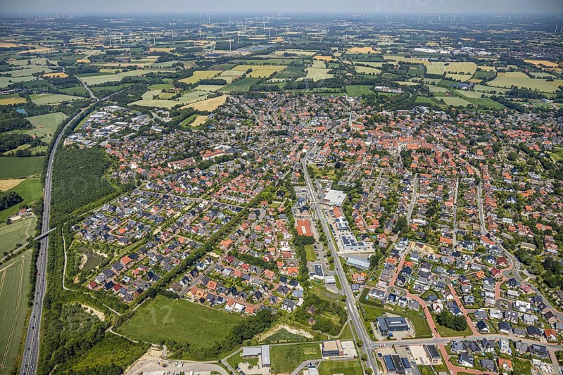 Aerial view, aerial view, Altenberge, Münsterland, North Rhine-Westphalia, Germany, Autohaus Brömmler Nissan dealer, federal road B54, DE, Europe, distant view, property tax, real estate, state road L874, agricultural fields, aerial view, aerial photography, aerial photography, Münsterstraße, parcels, townscape, urban area, overview, bird's eye view, residential area, living and life, residential area, residential buildings, residential quality, residential neighbourhood, housing estate, birds-eyes view, overview