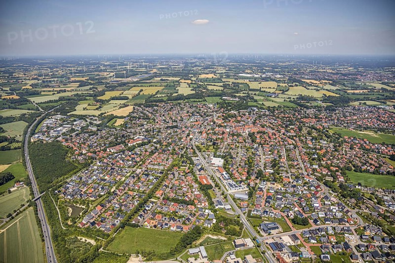 Aerial view, aerial view, Altenberge, Münsterland, North Rhine-Westphalia, Germany, Autohaus Brömmler Nissan dealer, federal road B54, DE, Europe, distant view, property tax, real estate, state road L874, agricultural fields, aerial view, aerial photography, aerial photography, Münsterstraße, parcels, townscape, urban area, overview, bird's eye view, residential area, living and life, residential area, residential buildings, residential quality, residential neighbourhood, housing estate, birds-eyes view, overview