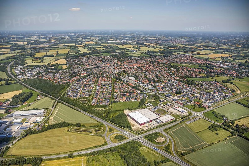 Aerial view, aerial view, industrial area Altenberge-Süd, Altenberge, Münsterland, North Rhine-Westphalia, Germany, AT-Zweirad GmbH, Autohaus Brömmler Nissan dealer, federal road B54, CLK GmbH, DE, Europe, bicycle shop, distant view, commercial enterprises, commercial area, commercial park, commercial location, commercial use, property tax, real estate, industrial area, industrial area, roundabout, country road L874, agricultural fields, aerial view, aerial photography, aerial photography, Münsterstrasse, plots, townscape, urban area, pond, overview, Velo de Ville, bird's eye view, residential area, living and life, residential area, residential buildings, quality of life, residential quarter, housing estate, birds-eyes view, overview