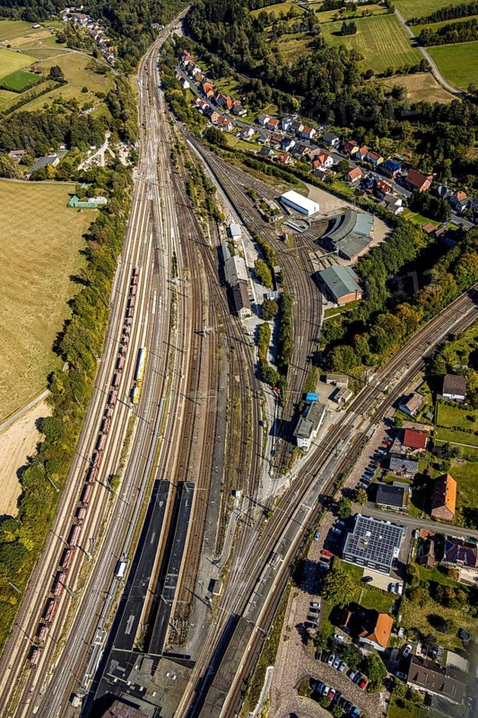 Aerial view, Altenbeken station, locomotive turntable, Altenbeken, East Westphalia-Lippe, North Rhine-Westphalia, Germany, railway tracks, railway station, DE, Deutsche Bahn AG, Europe, main station, island station, aerial view, aerial photography, aerial photography, OLWBUCH, OWL, OWL-Buch, East Westphalia, overview, bird's eye view, birds-eyes view, overview