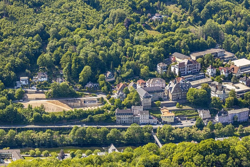 Aerial photograph, demolition Eugen-Schmalenbach-Berufskolleg, Bismarckstraße, Altena town hall, Burggymnasium Altena, Altena, Sauerland, Märkischer Kreis, North Rhine-Westphalia, Germany, authority, education, educational institution, DE, DITIB - Türkisch Islamischer Verein zu Altena e.V., Europe, river Lenne, grammar school, Altena district hall, teaching institute, aerial view, aerial photography, aerial photography, town hall, school, sports hall, town administration, overview, administrative area, bird's-eye view, forest area, birds-eyes view, overview