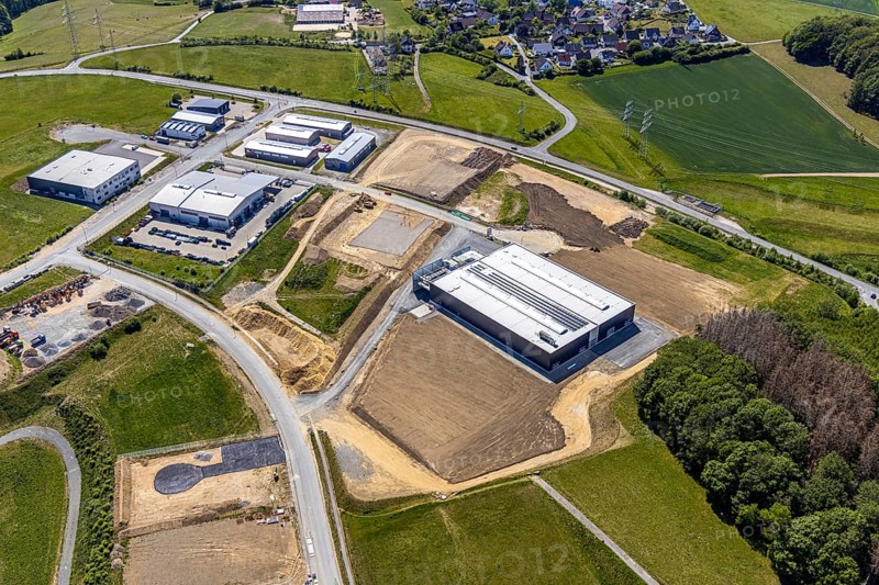 Aerial view, construction site Märkischer Gewerbepark Rosmart, Rosmarter Allee, Hemecker Weg, Rosmart, Altena, Sauerland, Märkischer Kreis, North Rhine-Westphalia, Germany, construction work, DE, Europe, commercial area, industrial area, commercial park, industrial park Rosmart, commercial use, industrial plants, industrial area, industrial site, aerial view, aerial photography, aerial photography, production plants, production halls, overview, bird's eye view, birds-eyes view, overview