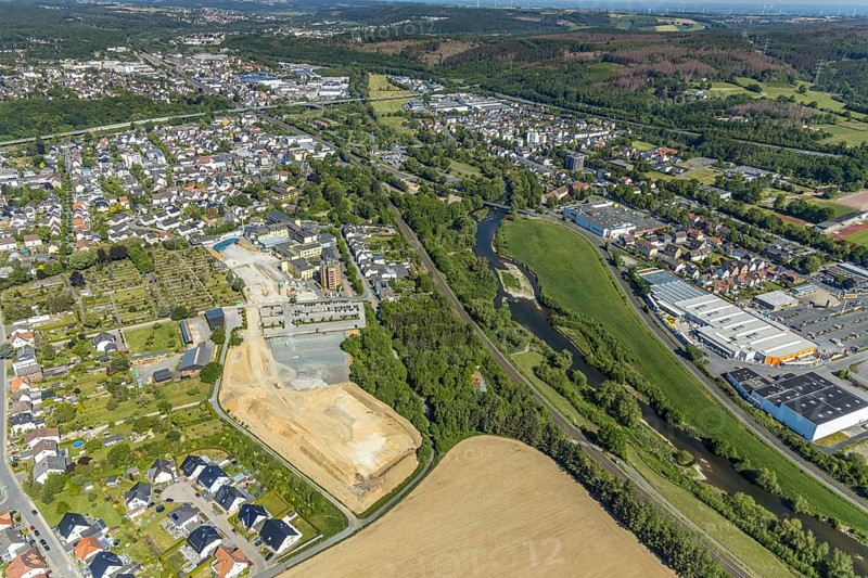 Aerial view, Hochsauerland Clinic, construction site, St. Petri Catholic Cemetery, Arnsberg, Sauerland, Hochsauerlandkreis, North Rhine-Westphalia, Germany, construction work, construction area, construction site, building plots, construction project, DE, Europe, healthcare, hospital, clinic, clinic centre, hospital, aerial view, aerial photography, aerial photography, medical facility, medical aid, emergency service, overview, bird's eye view, birds-eyes view, overview, medical care