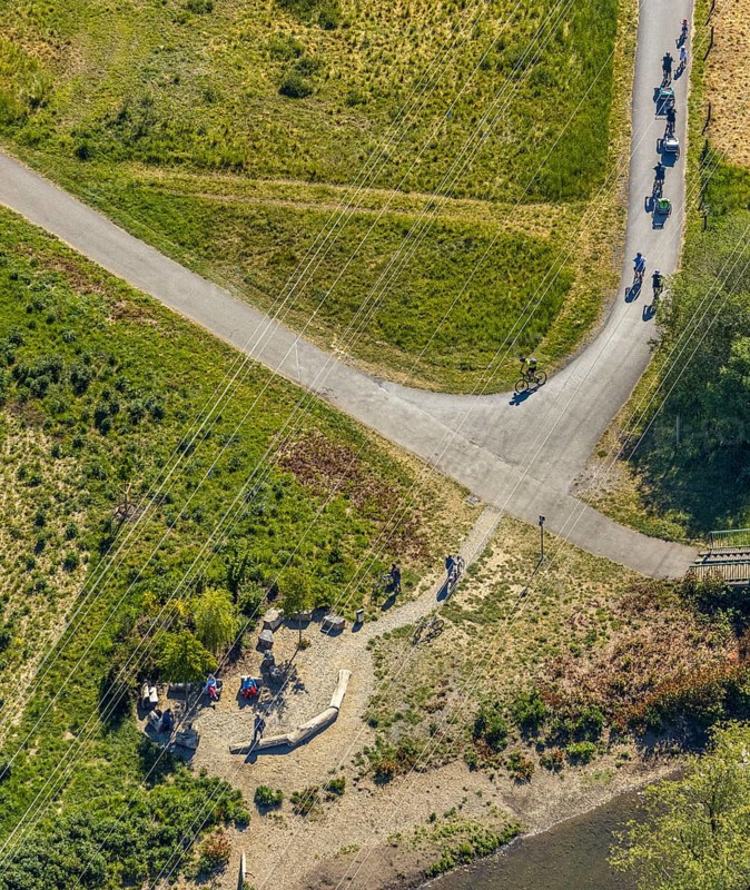 Aerial view, Ruhr Valley cycle path, cycle path along the Ruhr, Arnsberg, Sauerland, Hochsauerlandkreis, North Rhine-Westphalia, Germany, DE, Europe, bicycle, leisure, leisure activities, aerial view, aerial photography, aerial photography, cycle path, rest area, overview, bird's-eye view, overview