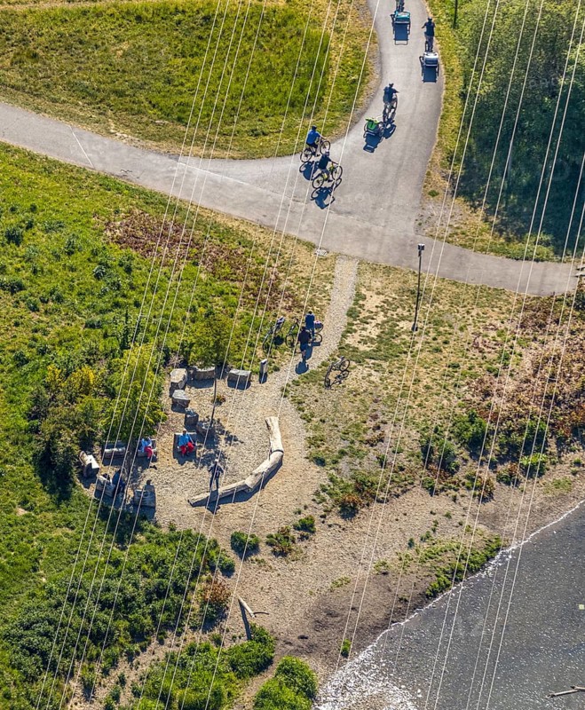 Aerial view, Ruhr Valley cycle path, cycle path along the Ruhr, Arnsberg, Sauerland, Hochsauerlandkreis, North Rhine-Westphalia, Germany, DE, Europe, bicycle, leisure, leisure activities, aerial view, aerial photography, aerial photography, cycle path, rest area, overview, bird's-eye view, overview