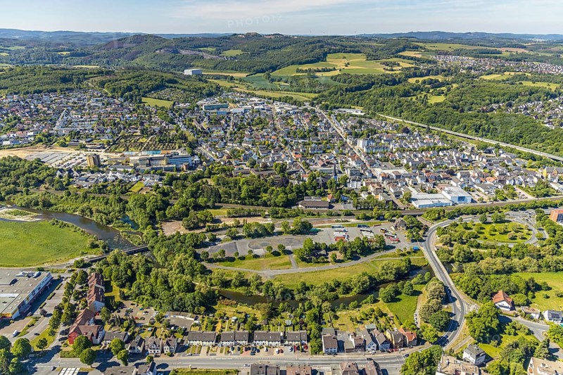 Aerial view, aerial view, river Ruhr, Arnsberg, Sauerland, Hochsauerlandkreis, North Rhine-Westphalia, Germany, DE, Europe, aerial photograph, aerial photography, aerial photography, townscape, city area, overview, bird's-eye view, forest area, birds-eyes view, overview