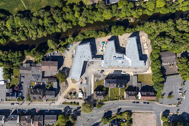 Aerial view, construction site of new care centre, building complex for assisted living, Clemens-August-Straße, Arnsberg, Sauerland, Hochsauerlandkreis, North Rhine-Westphalia, Germany, care and nursing, DE, Europe, aerial view, aerial photography, aerial photography, care facility, retirement home, retirement centre, overview, bird's-eye view, assisted living, birds-eyes view, overview