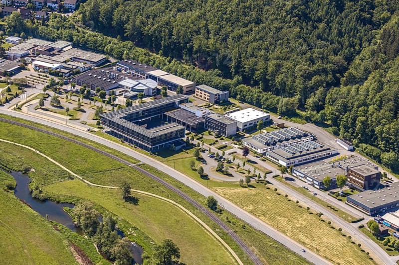 Aerial view, industrial area Altes Feld, vocational training centre Arnsberg, Caritas workshops Arnsberg, Arnsberg, Sauerland, Hochsauerlandkreis, North Rhine-Westphalia, Germany, DE, Europe, river Ruhr, aerial view, aerial photography, aerial photography, Ruhraue, overview, bird's-eye view, forest area, birds-eyes view, overview