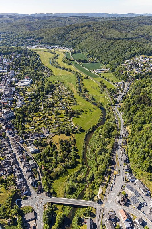 Aerial view, Ruhr valley, Jägerbrücke, allotment garden association Ruhr valley, administrative court Arnsberg, Ruhraue, former glider airfield Arnsberg, Mariengymnasium Arnsberg, Arnsberg, Sauerland, Hochsauerlandkreis, North Rhine-Westphalia, Germany, authority, education, educational institution, DE, Europe, distant view, Ruhr river, river landscape, river course, community garden, grammar school, KGV, allotment garden, allotment garden site, allotment garden association, teaching institute, aerial view, aerial photography, aerial photography, allotment garden, school, overview, bird's-eye view, overview
